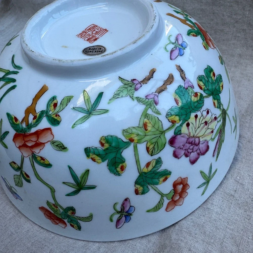 Vintage 70s Hong Kong Porcelain Bowl 60s Famille Rose Grasshopper Floral 9in
